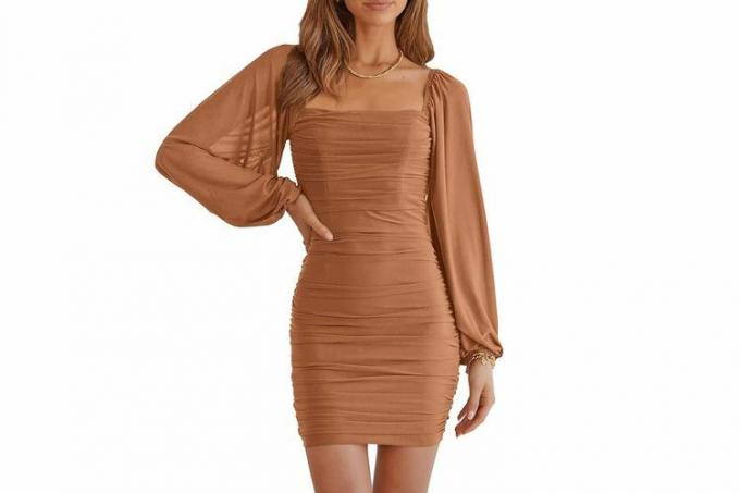 Amazon MASCOMODA Dames elegante bodycon-jurk met vierkante hals en lantaarn met lange mouwen en mini-ruches