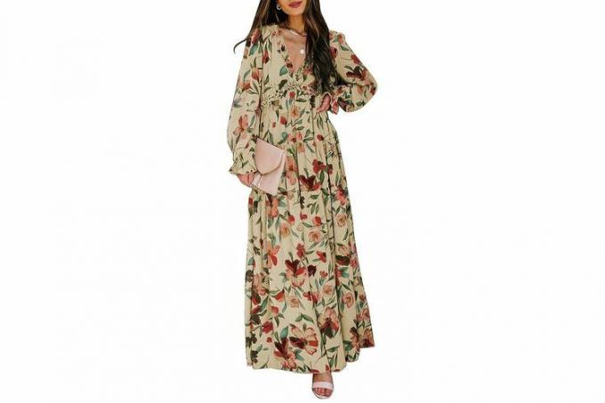 Amazon BLENCOT dames casual bloemen diepe v-hals lange mouw lange avondjurk cocktailparty maxi trouwjurken